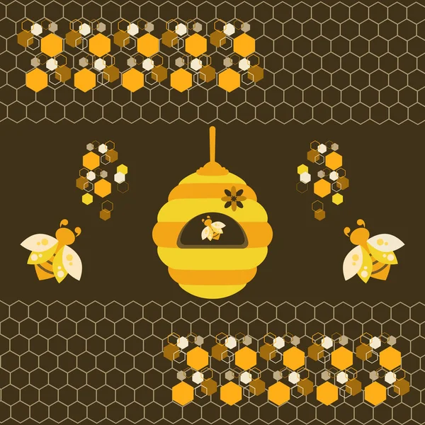 Abejas con panales y una colmena. Poster.Illustration. — Vector de stock