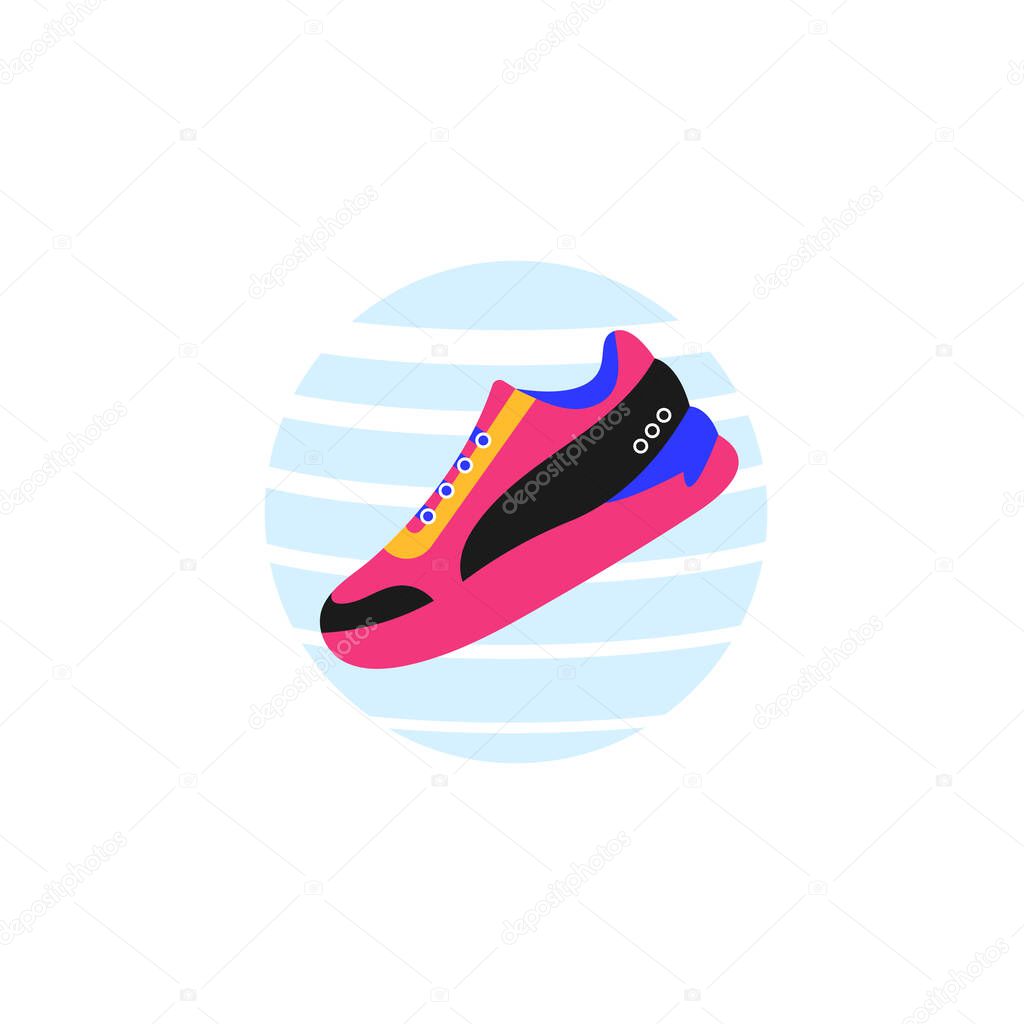 Sports sneaker on the background of the ball. Logo. The concept of an active lifestyle and sports training. Vector illustration isolated on white background..