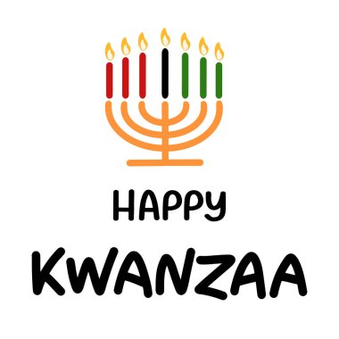 Geleneksel Afro-Amerikan etnik tatil vektör ilüstrasyonu için Mutlu Kwanzaa el yazısı metinleri. Kinara ile tebrik kartı tasarla.