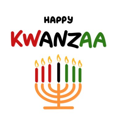 Geleneksel Afro-Amerikan etnik tatil vektör ilüstrasyonu için Mutlu Kwanzaa el yazısı metinleri. Kinara ile tebrik kartı tasarla.