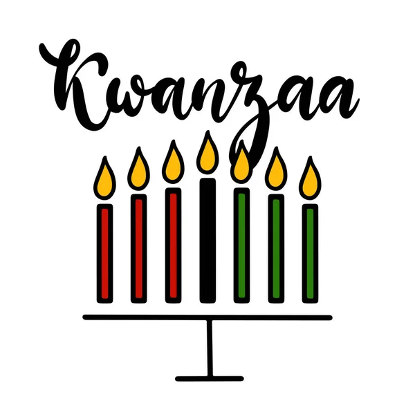 Happy Kwanzaa odręcznie napisany tekst do tradycyjnej afrykańskiej etnicznej ilustracji wektor wakacje. Projekt kartki okolicznościowej z kinarą. — Wektor stockowy