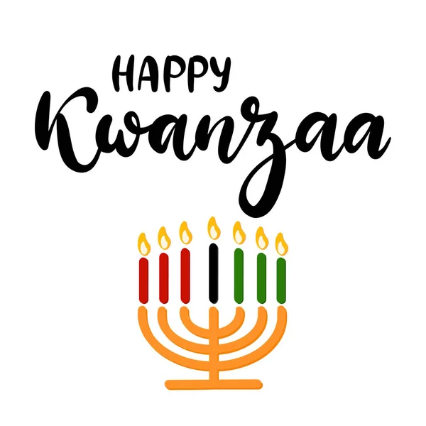 Happy Kwanzaa handwritten text for traditional african american ethnic holiday vector illustration. Design for greeting card with kinara. — Stock Vector