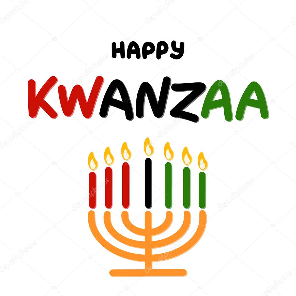 Happy Kwanzaa handwritten text for traditional african american ethnic holiday vector illustration. Design for greeting card with kinara.