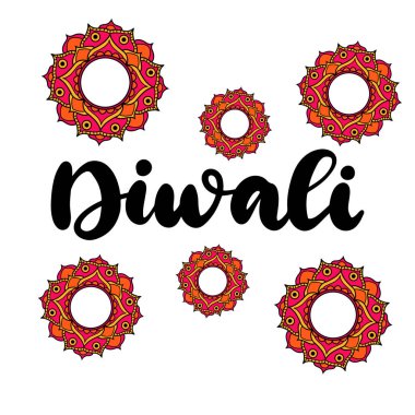 Mutlu Diwali kaligrafik vektör çizimleri. Geleneksel bir bayram kutlaması için Hindistan 'a gidiyoruz. Mandala ve mumla mektup..