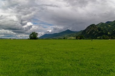 Bulutlu bir sonbahar günü Alplerin eteğindeki bir şatonun yanında.