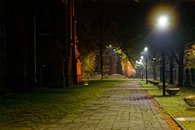 Sosnowiec Polonya 'da sisli bir gece. 27.10.2022 atmosferik şehir ışıkları ve gizemli bir ruh hali. Turizm, kentsel yaşam tarzı ve ticari kavramlar için ideal.