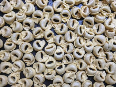 Ham Tortellini 'nin beyaz mantarlı, desenli, yemek fotoğrafçılığının yakın çekim görüntüsü.