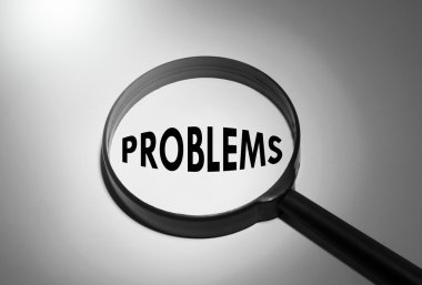 Magnifying glass with the word problems. Searching problems clipart