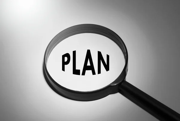 Lupe mit dem Wort Plan. Suchplan — Stockfoto