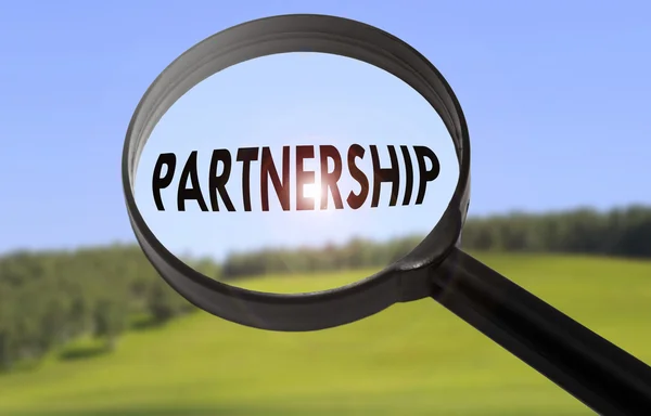 Vergrootglas met het woord partnerschap op de achtergrond wazig aard. Partnerschap concept zoeken — Stockfoto