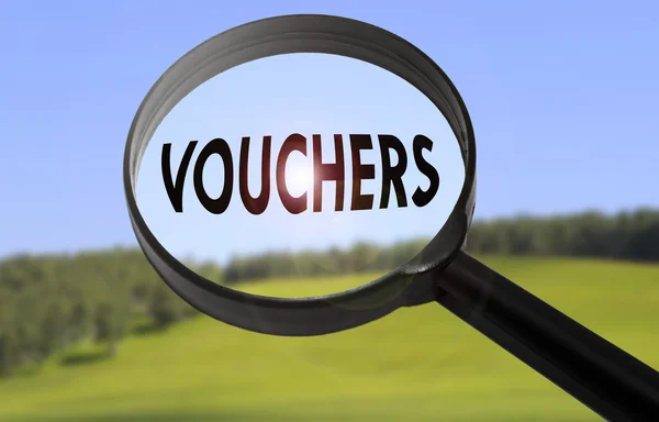 Magnifying glass with the word vouchers on blurred nature background. Searching vouchers concept — Stock Photo, Image