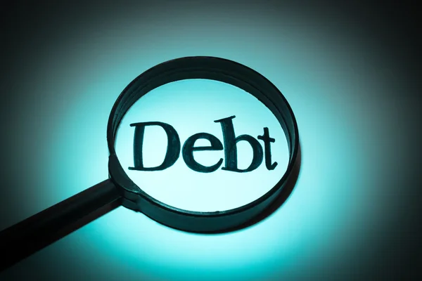 Concetto di ricerca lente di ingrandimento pulsante di debito — Foto Stock