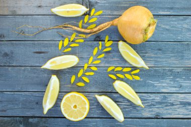 Kavram sonbaharda hasat limon ve çiçek yaprakları