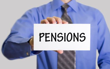 Businessman in blue shirt and gray tie shows a card with the inscription pensions
