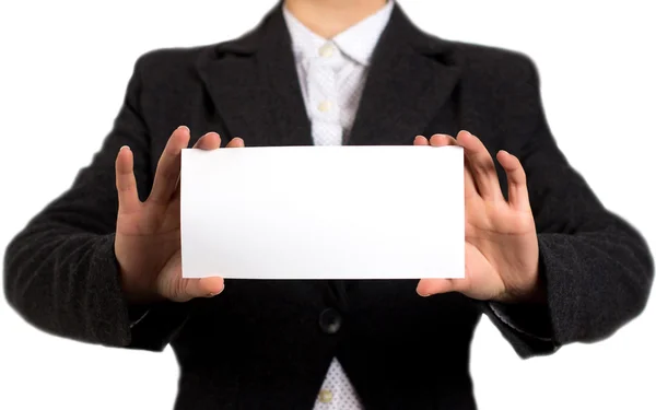 Businesswoman with a blank card in hand — Stok fotoğraf