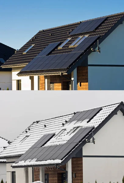 Same Private House Solar Panels Two Different Seasons Summer Winter — Stock Photo, Image