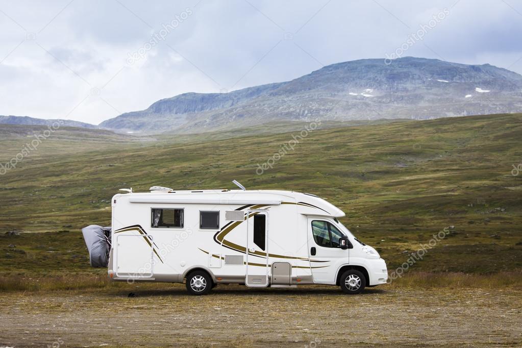 Picture of a motor home, RV, in the wilderness of Swedish Lapland.