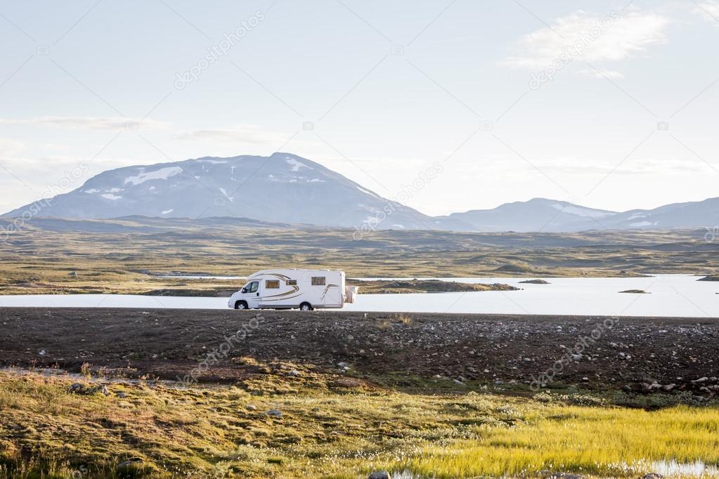 Picture of a motor home, RV, in the wilderness of Swedish Lapland.