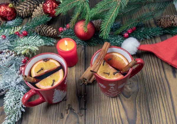 Two Cups Aromatic Hot Mulled Wine Wooden Table Background Christmas — Stock Photo, Image