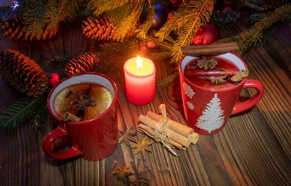 View Table Christmas Candle Hot Mulled Wine Spices Fruits Wooden — Stock Photo, Image