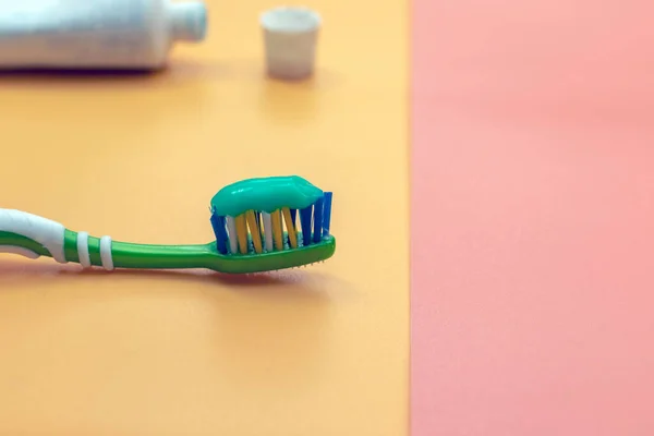 Shot Toothbrush Toothpaste Side View Place Text Selective Focus — Stock Photo, Image