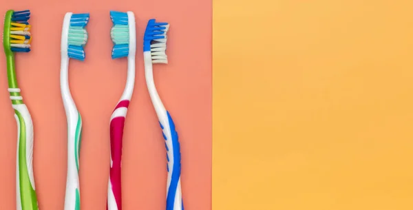 Top View Multicolored Toothbrushes Blue Background Copy Space — Stock Photo, Image