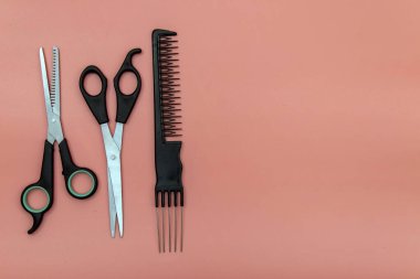 Saç fırçası ve makas, saç kesimi için iki çift dokuma ya da inceltici makas. Uzayı kopyala, düz yat