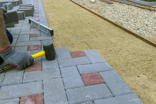 Craftsman Installs Lays Paving Stones Terrace Road Sidewalk Worker Uses — Stock Photo, Image