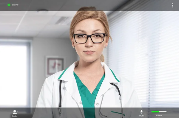 Female doctor on the screen of videoconferencing application