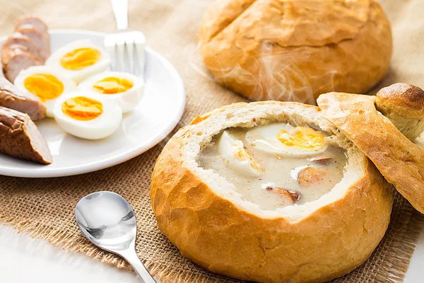 Polish Easter soup. Cream soup in bread — Stock Photo, Image