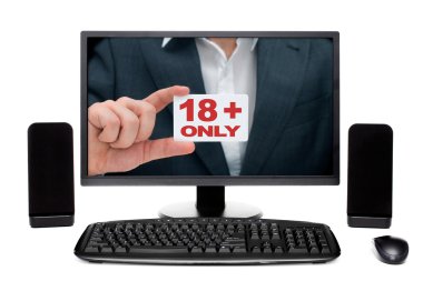 Man on desktop computer monitor showing card with sign 