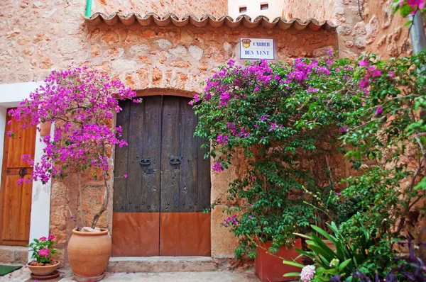 Maiorca, Ilhas Baleares, Espanha: Bougainvillea e a porta da frente de uma casa em Fornalutxx , — Fotografia de Stock