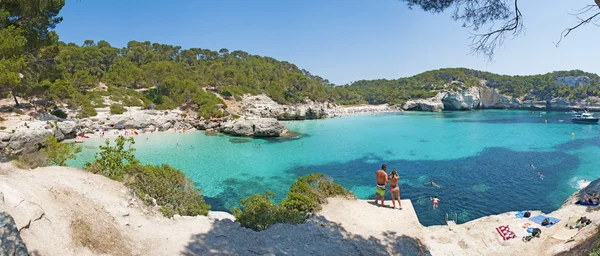 Menorca, Balearic Islands, Spain: panoramic view of the famous beaches of Cala Mitjana and Cala MItjaneta — Stock Photo, Image