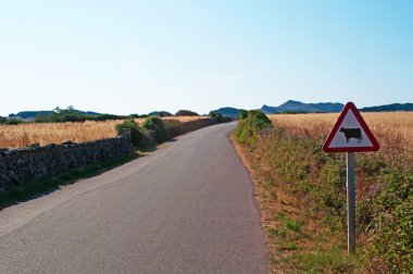 Menorca, Balear Adaları: uyarı işareti minorcan kırsalında inek geçiş için