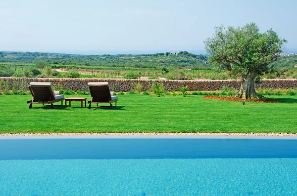 Menorca, Ilhas Baleares: espreguiçadeiras, uma oliveira e uma piscina na zona rural minorca — Fotografia de Stock
