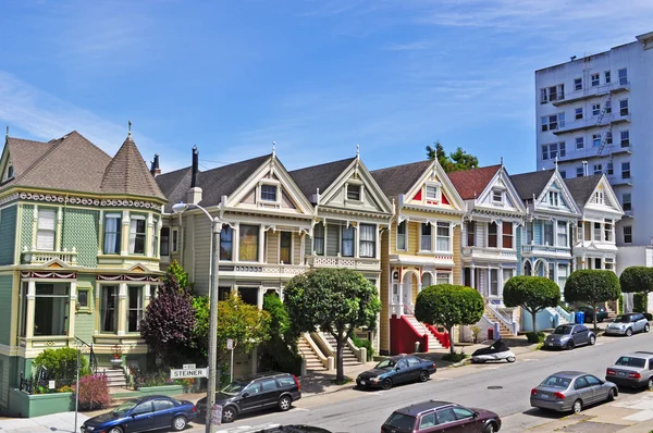 San Francisco, California, Usa: the famous Painted Ladies, a row of colorful Victorian houses at 710-720 Steiner Street