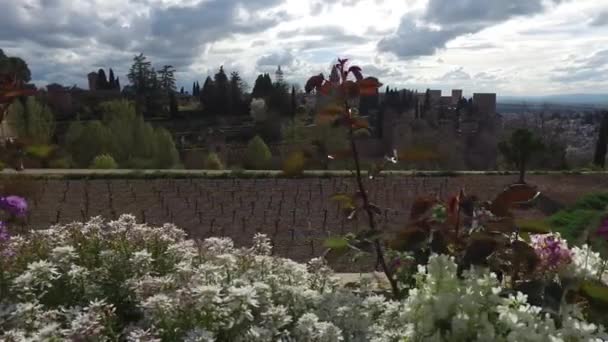 Granada, Andalucía, España - 17 de abril de 2016: vista de la fortaleza de la Alhambra desde un jardín interior (Ultra Alta Definición, UltraHD, Ultra HD, UHD, 4K, 2160P, 3840x2160 ) — Vídeos de Stock