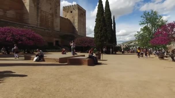 Granada, Andalusia, Spagna - 17 aprile 2016: Alhambra, piante alberi, giardini, struttura, edifici storici — Video Stock