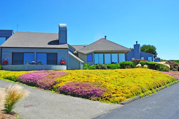 California, EE.UU.: una carretera, villas y jardines en la famosa ciudad de Bodega Bay — Foto de Stock