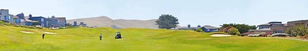 California, Usa: aerial view of a golf course in Bodega Bay, the coastal city famous for golf courses perched along the Sonoma County Coast, beside being the setting of 1963 film The Birds directed by Alfred Hitchcock