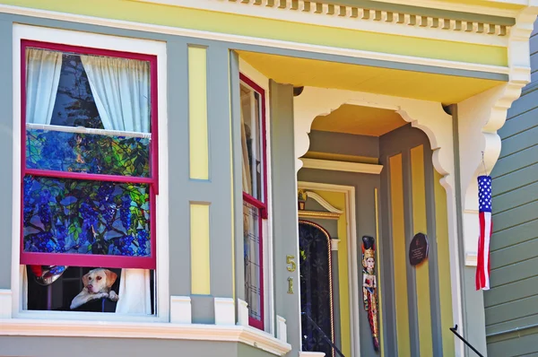 San Francisco: un perro en la ventana de una casa victoriana en Castro, uno de los primeros barrios gay de Estados Unidos — Foto de Stock