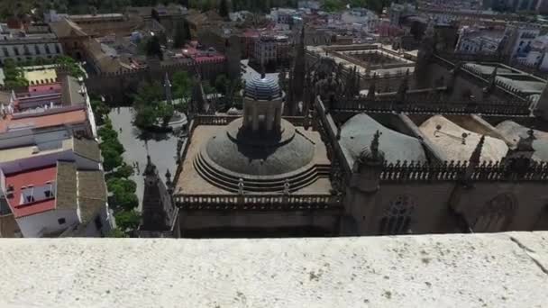 Sevilla, Andalusie, Španělsko - 18 dubna 2016: Katedrála v Seville panoramatický pohled zvonice Giralda — Stock video