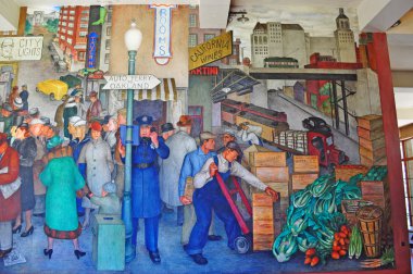 Coit Kulesi, San Francisco, California, ABD: tarihi fresk duvar resimleri Amerikan sosyal gerçekçilik tarzı 25 farklı yerinde sanatçılar tarafından 1933'te, iş ilerleme yönetiminin bir bölümü boyalı