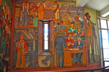 Coit Kulesi, San Francisco, California, ABD: tarihi fresk duvar resimleri Amerikan sosyal gerçekçilik tarzı 25 farklı yerinde sanatçılar tarafından 1933'te, iş ilerleme yönetiminin bir bölümü boyalı