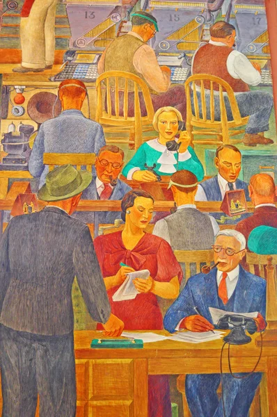 Койт Тауэр, Сан-Франциско, Калифорния, США: исторические фрески в стиле американского соцреализма, написанные 25 разными художниками в рамках проекта Work Progress Administration — стоковое фото