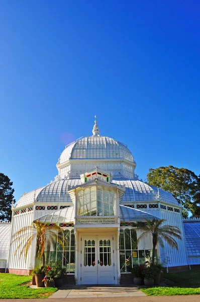 San Francisco, California, Usa: aerial view of the garden of the Conservatory of Flowers, a greenhouse and botanical garden housing rare and exotic plants within the Golden Gate Park