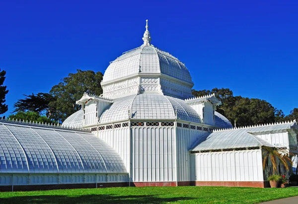 San Francisco, California, Usa: aerial view of the garden of the Conservatory of Flowers, a greenhouse and botanical garden housing rare and exotic plants within the Golden Gate Park