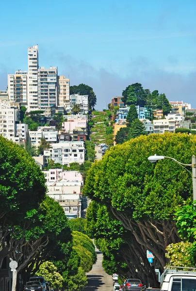 San Francisco: horizonte y vista aérea de Lombard Street, calle este-oeste famosa por una empinada sección de una cuadra con ocho giros de horquilla, una de las calles más torcidas del mundo — Foto de Stock