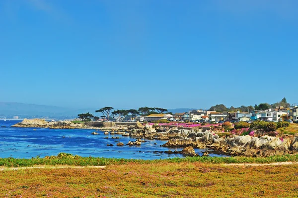 California, EE.UU.: la bahía de Monterey vista desde la Avenida Ocean view de Pacific Grove, una ciudad costera en el condado de Monterey conocida por sus casas victorianas y por las flores rosadas que florecen — Foto de Stock