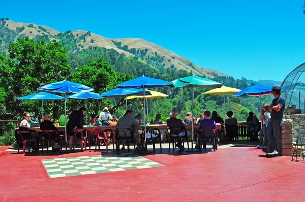 Big Sur, California, Usa: umbrellas and customers at Nepenthe restaurant, a very famous restaurant since 1949 where in 1963 Elizabeth Taylor and Richard Burton filmed the folk dancing in The Sandpiper movie — Stock Photo, Image